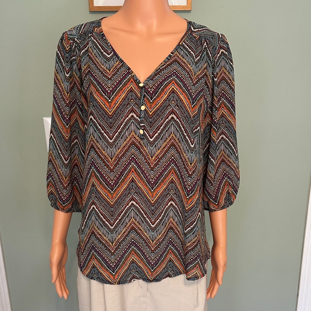 living doll Chevron V-Neck Sheer Blouse in Rust, Olive, Black & Cream